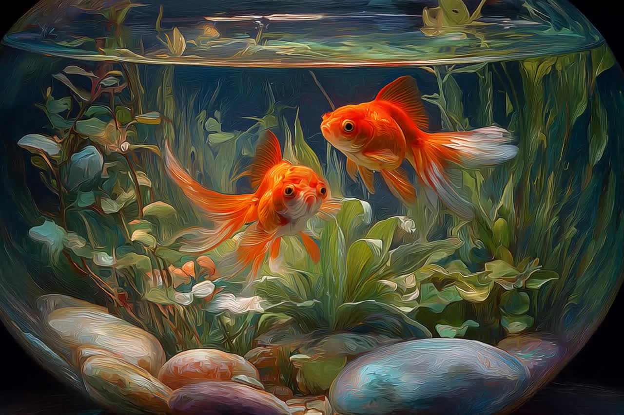 ヴィンテージ金魚水槽絵画：水槽の壁装飾（デジタルダウンロード