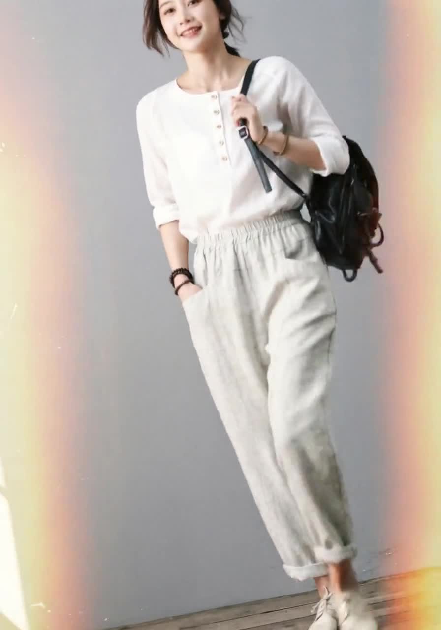 Women Elastic Waist Linen Pants , Casual Minimal Cropped Pants