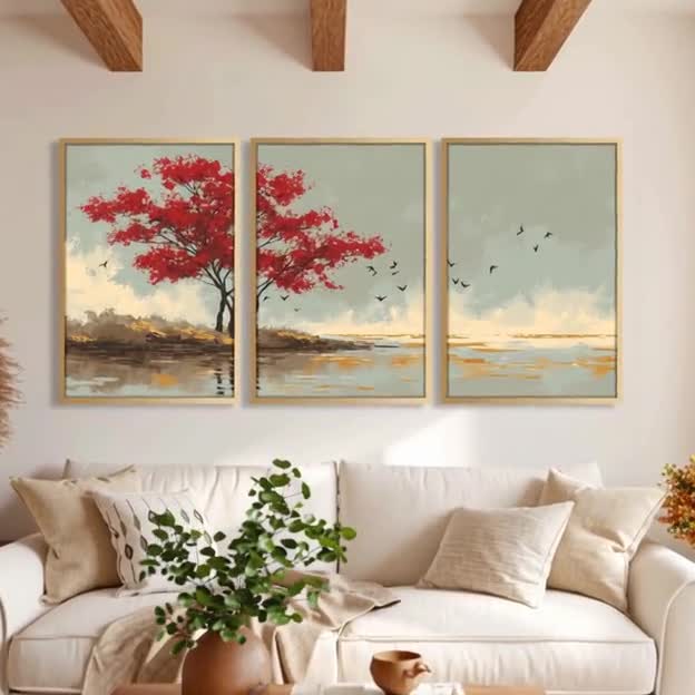 3 Piece Forest Nature Artpiece, Abstract Floral Triptych Art