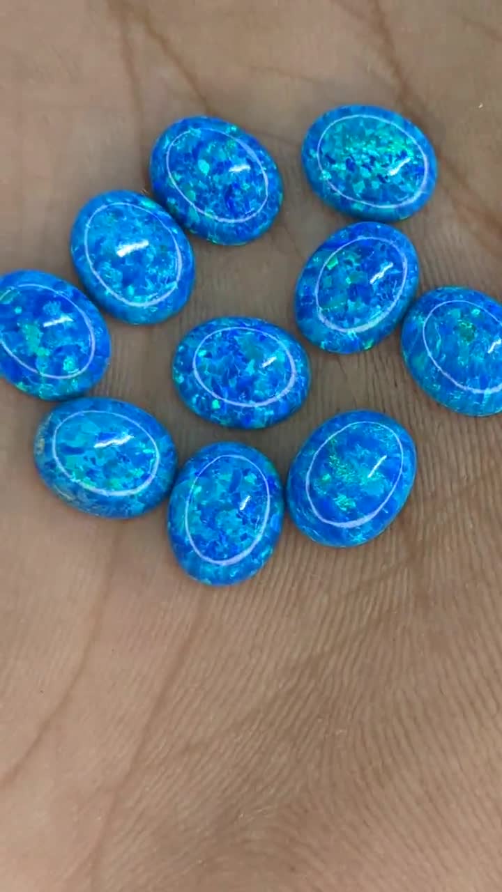 鮮やかな青緑色の合成オパールカボション｜ジュエリー製作用の8×10mm