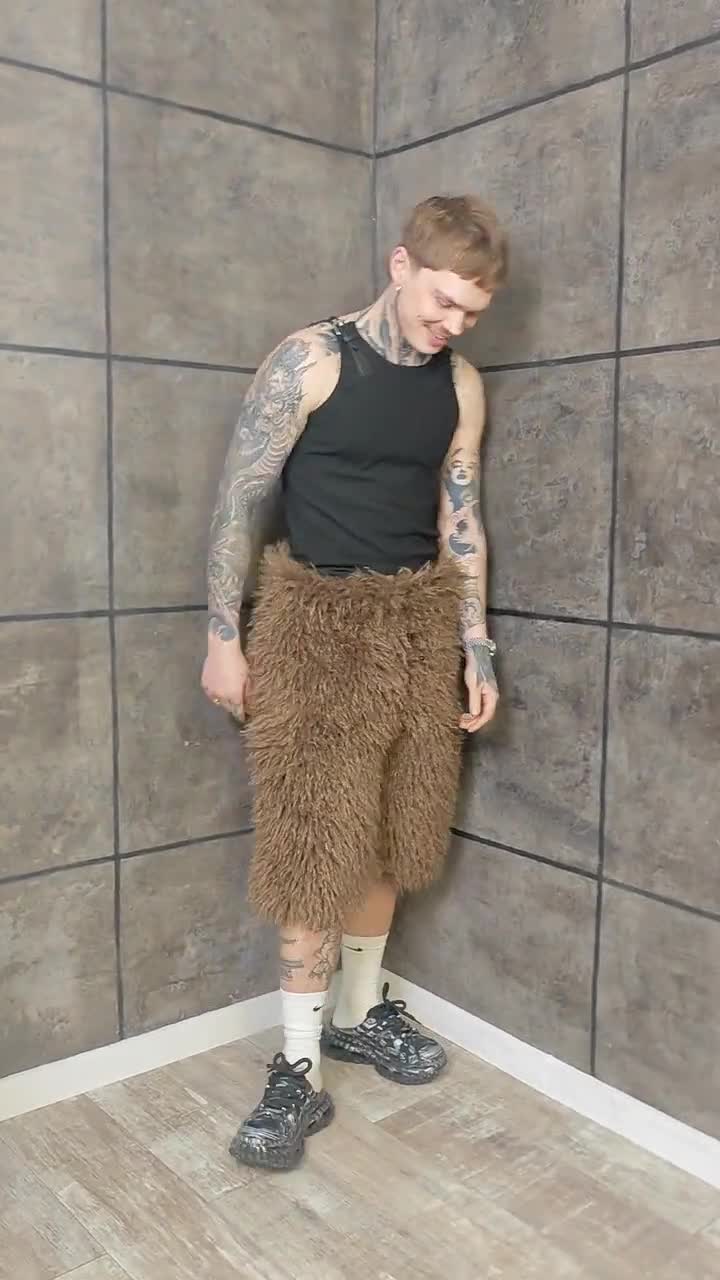 Brown Shaggy Fur Shorts, Unisex Nomad Festival Bottoms, Caveman