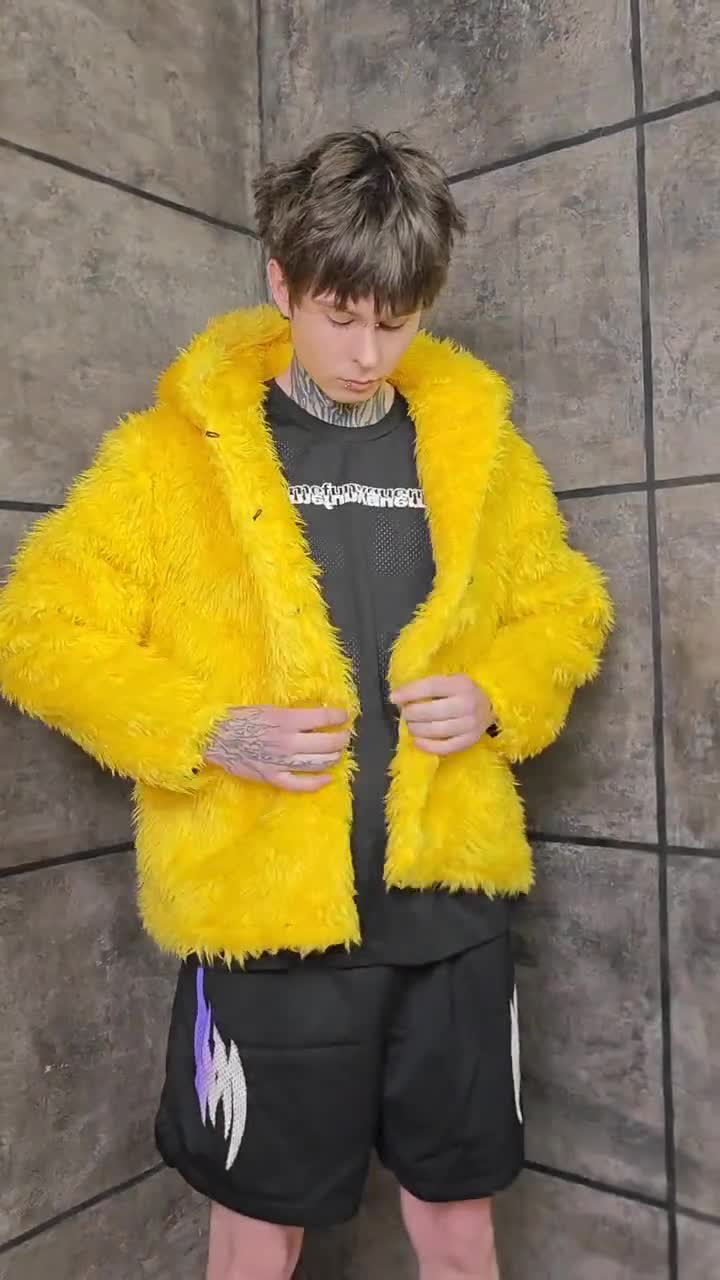 Acid Yellow Shaggy Faux Fur Hoodie, Wet Look Neon Jacket, Grungy