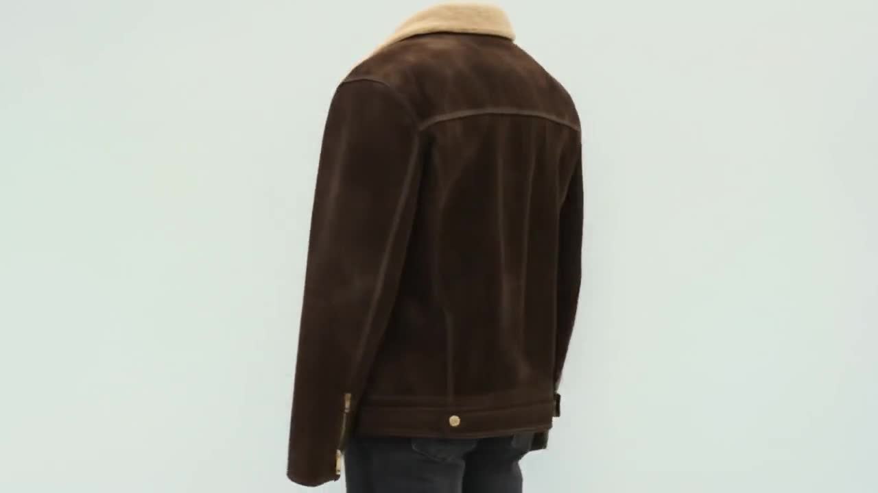 メンズ ブラウン スエード レザー ジャケット シアリング カラー