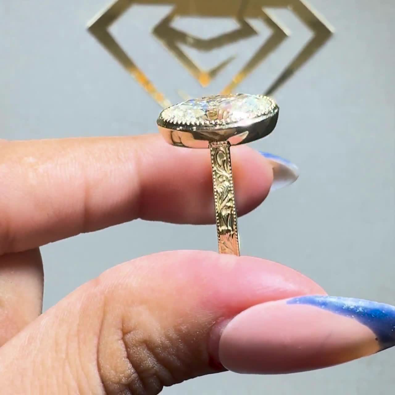 Oval Lab Diamond Ring, 18K Yellow Gold Engraved Floral Band, IGI