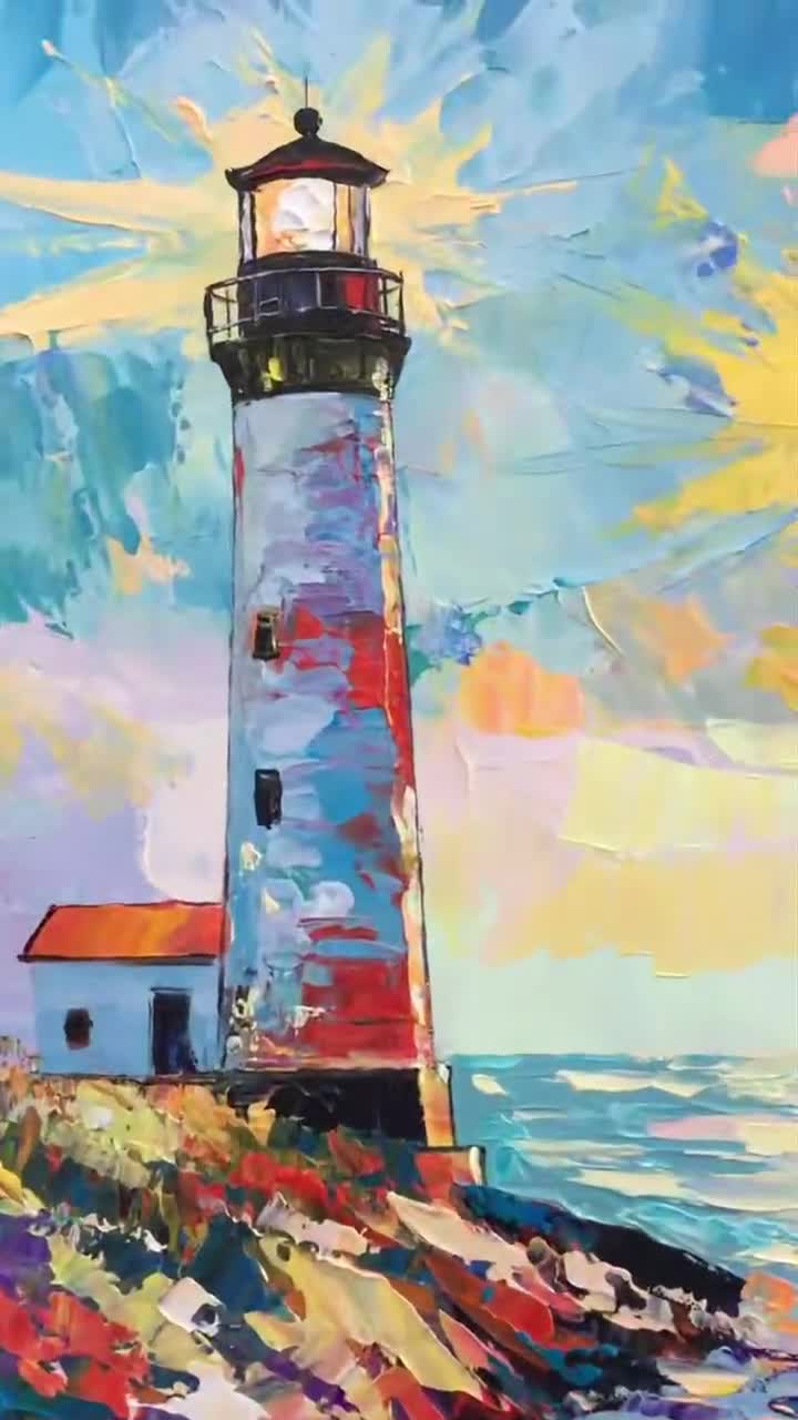 オリジナルの灯台の油絵テクスチャ沿岸海景壁アート厚い油絵海の風景と