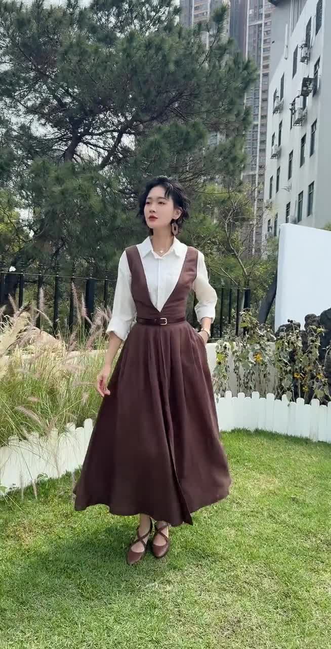Brown Linen Cotton Pinafore Dress for Women – Sleeveless Long