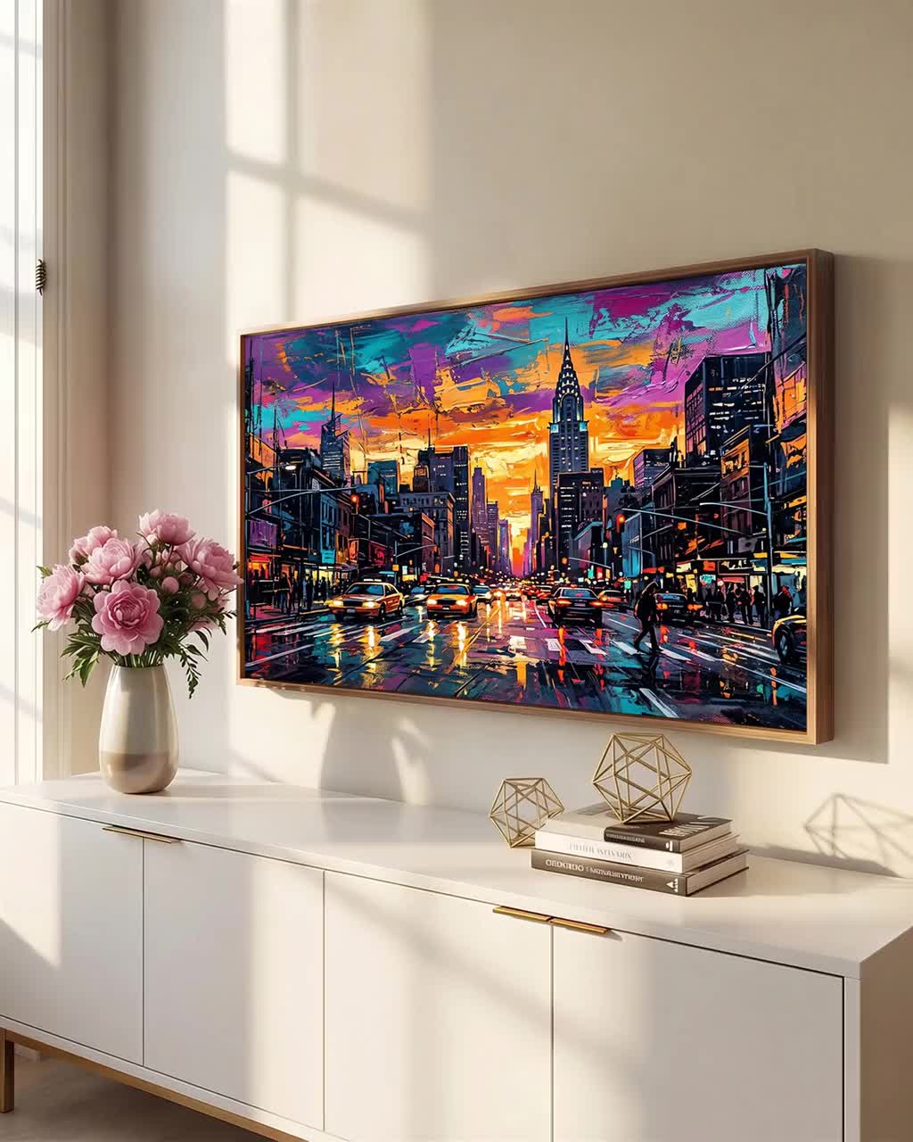 Vibrant NYC Sunset Canvas, Wide Cityscape Wall Art, Modern