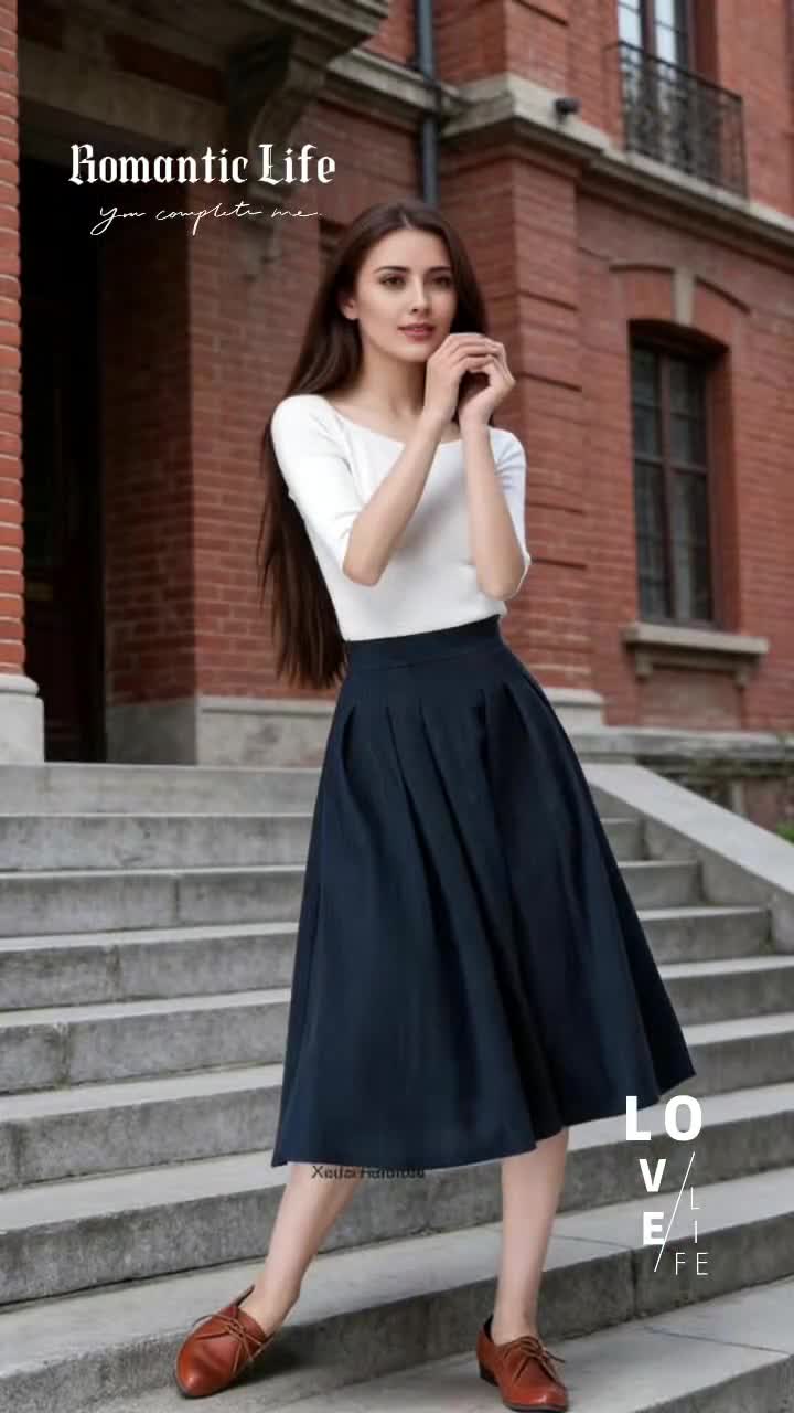 High Waist Linen Midi Skirt, Navy Blue Pleated A-line With Pockets