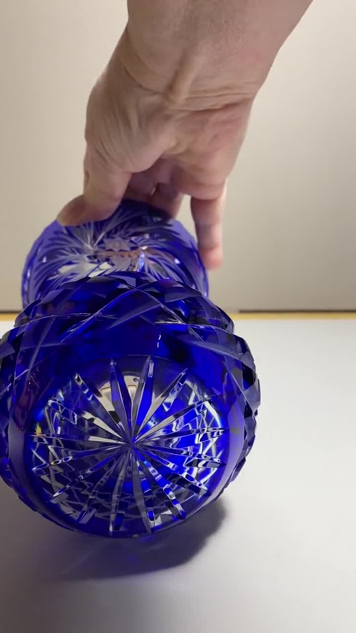 Vintage Bohemian Cobalt Blue Cut Crystal Vase, Pinwheel Pattern