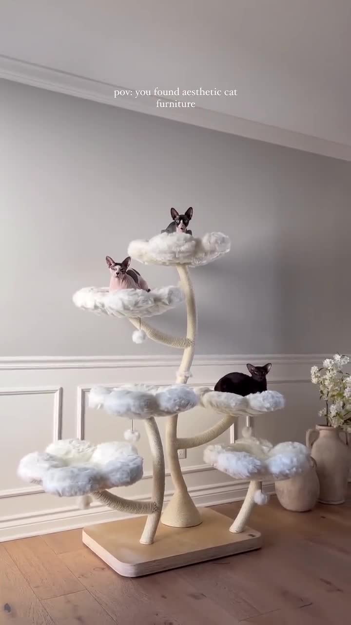 HEXAFLORA Wood Floral Cat Tree Tower, Wooden Cat Tower, Modern Cat