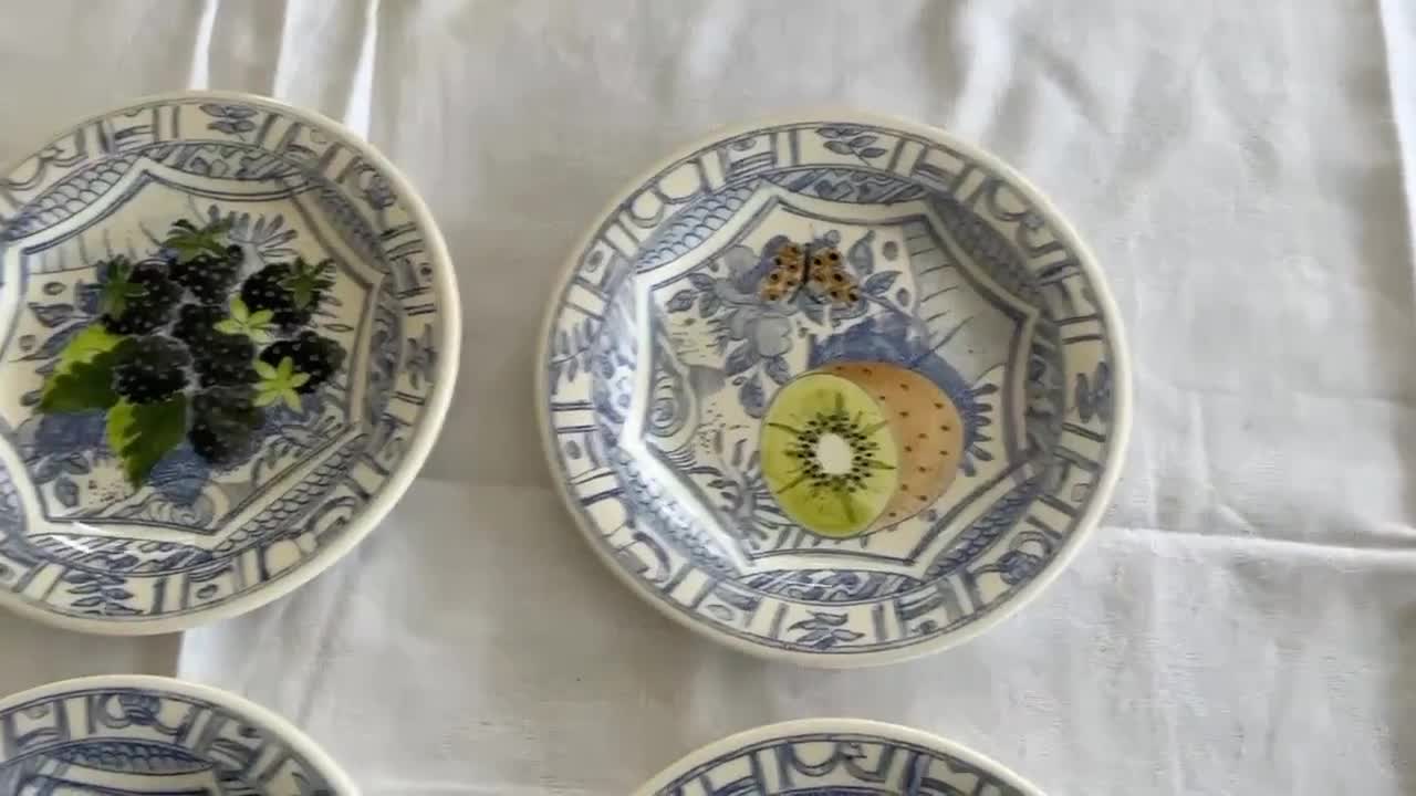 Gien France Cake Plates, Oiseau Bleu Des Fruits, Hand-painted, Set