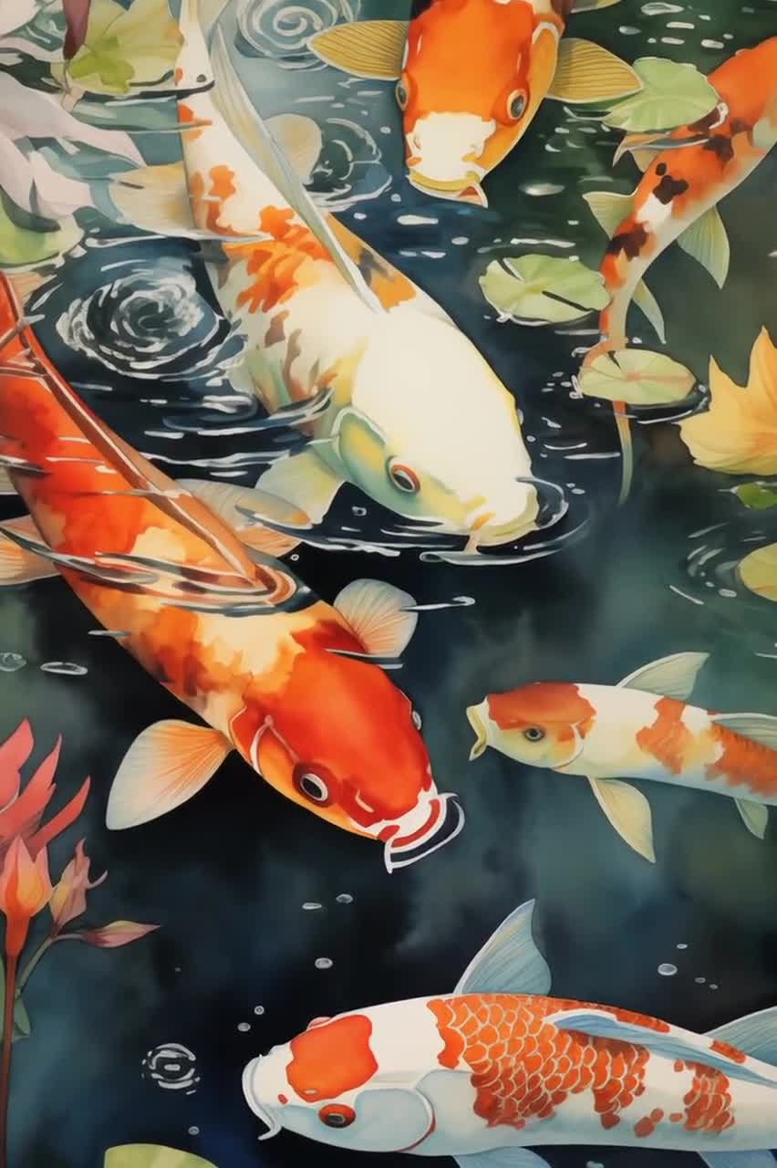 鯉の水彩画：落ち着いた池のアート（デジタルダウンロード） - Etsy 日本