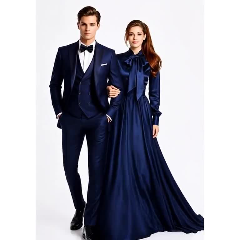 blue dress matching suit Navy Couple Outfit– His and Hers Wedding Set Men's and Women's Long Custom Formal Prom Wear HANKIE (Any Color) 2