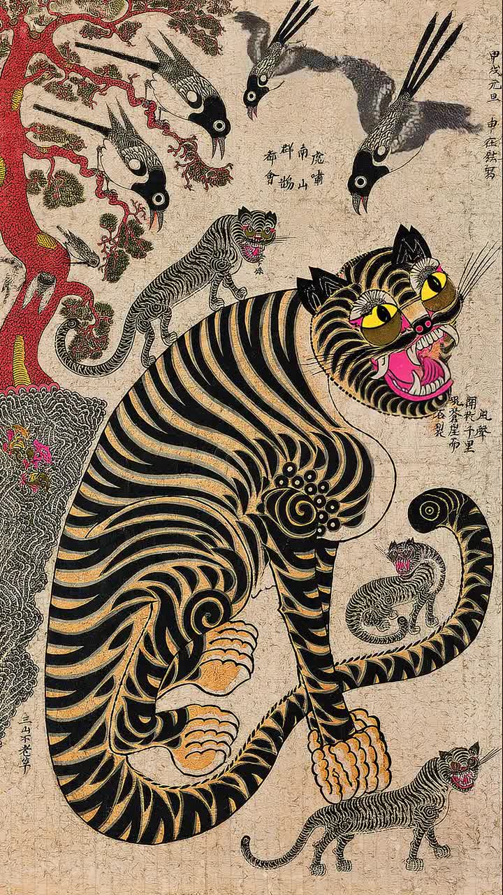 虎柄ラグ、東アジア美術の虎、虎のアート、韓国美術、韓国絵画、神話