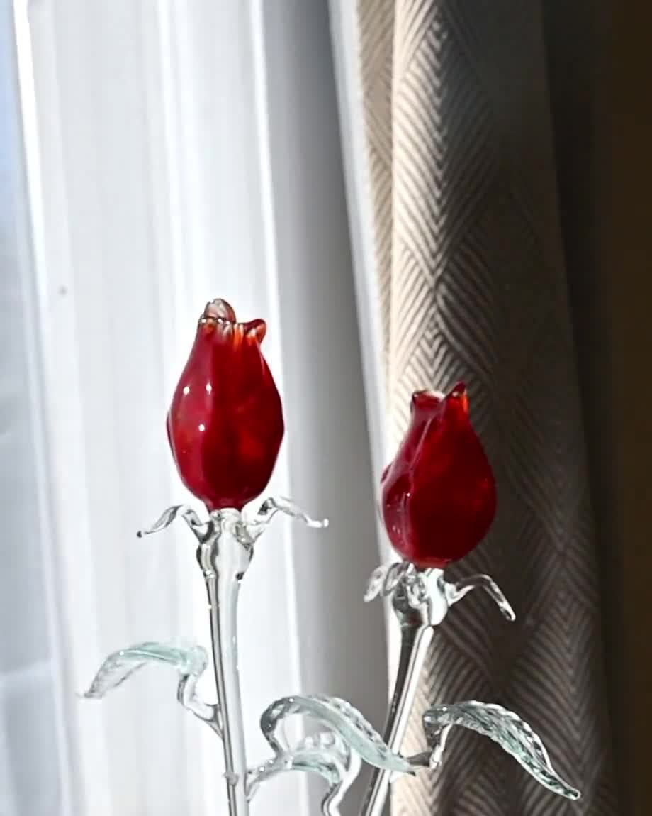 ガラスの花束 - 手作りのガラスの花、バラ - 吹きガラスの花 - 赤い
