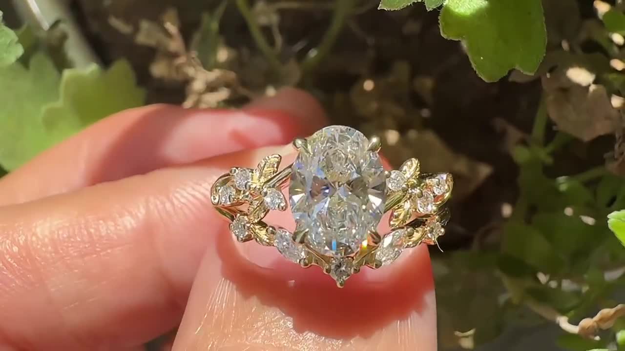 オーバルカットのラボグロウンダイヤモンド婚約指輪セット、14Kローズ