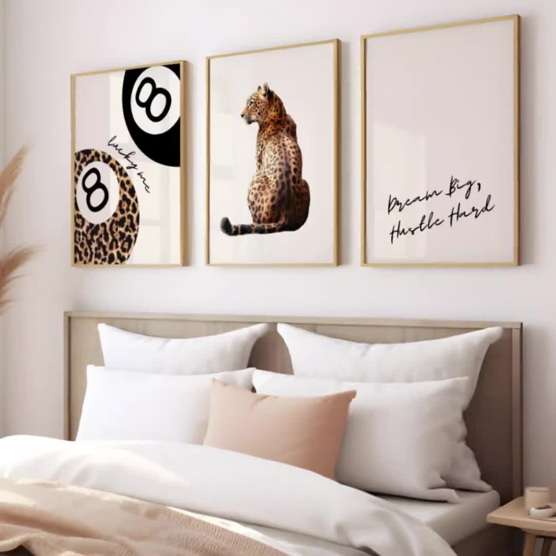 Set of 3 Leopard Wall Art Cheetah Print Lucky 8 Pool Ball Poster
