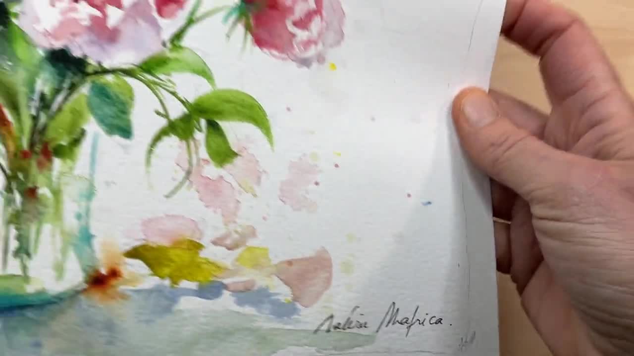 花束の中のアイリスとシャクヤクの水彩画、花瓶の中の庭の花の絵、装飾