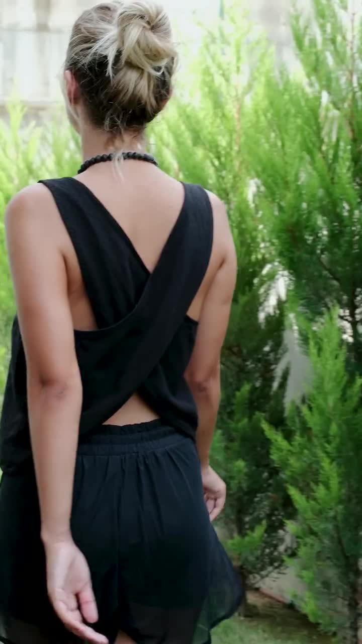 Linen Cross Back Crop Top | Open Back Linen Cami Top | Black