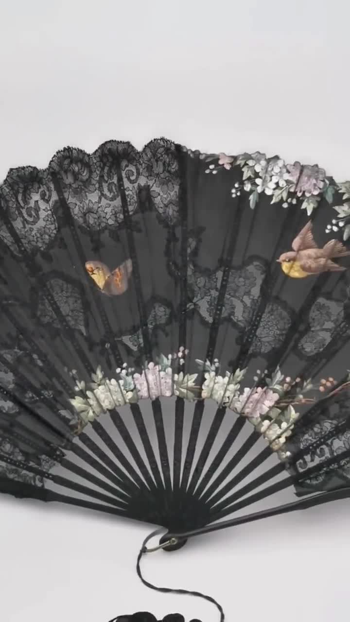 アンティークフランス製扇子、木彫り、シルクレース、手描きの花