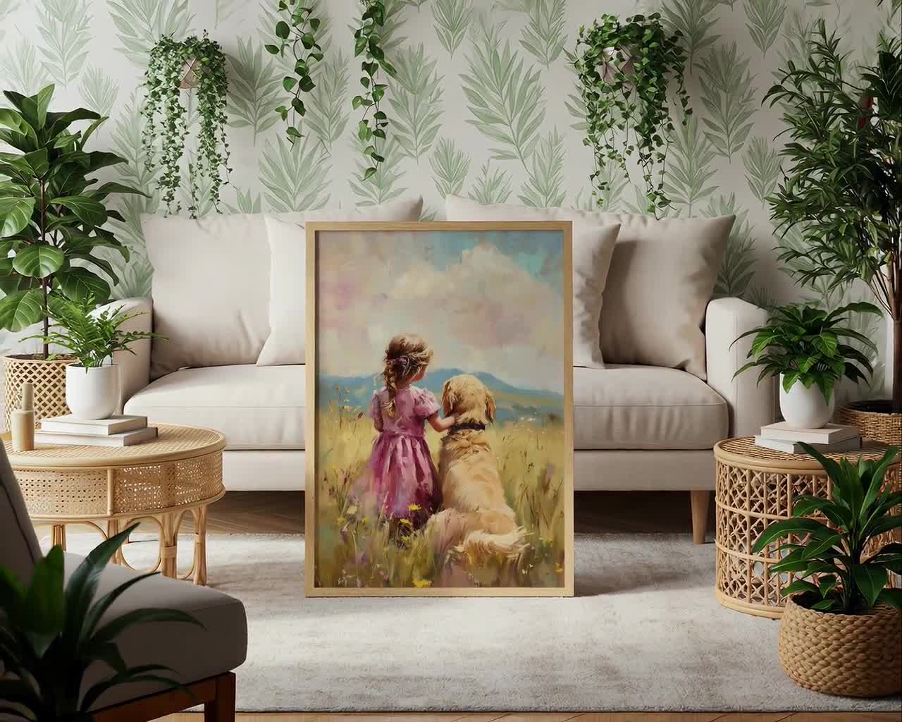 ゴールデンレトリバーのアート – 犬の絵画 – 女の子と犬のアート