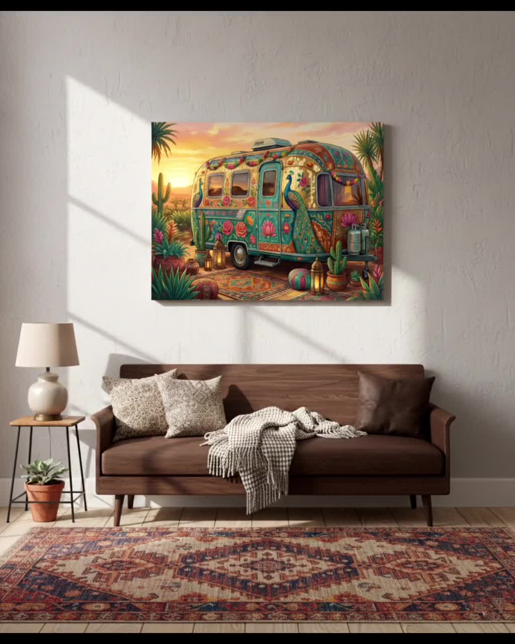 Boho Camper Van Art Print, Indian Truck Art, Peacock Caravan