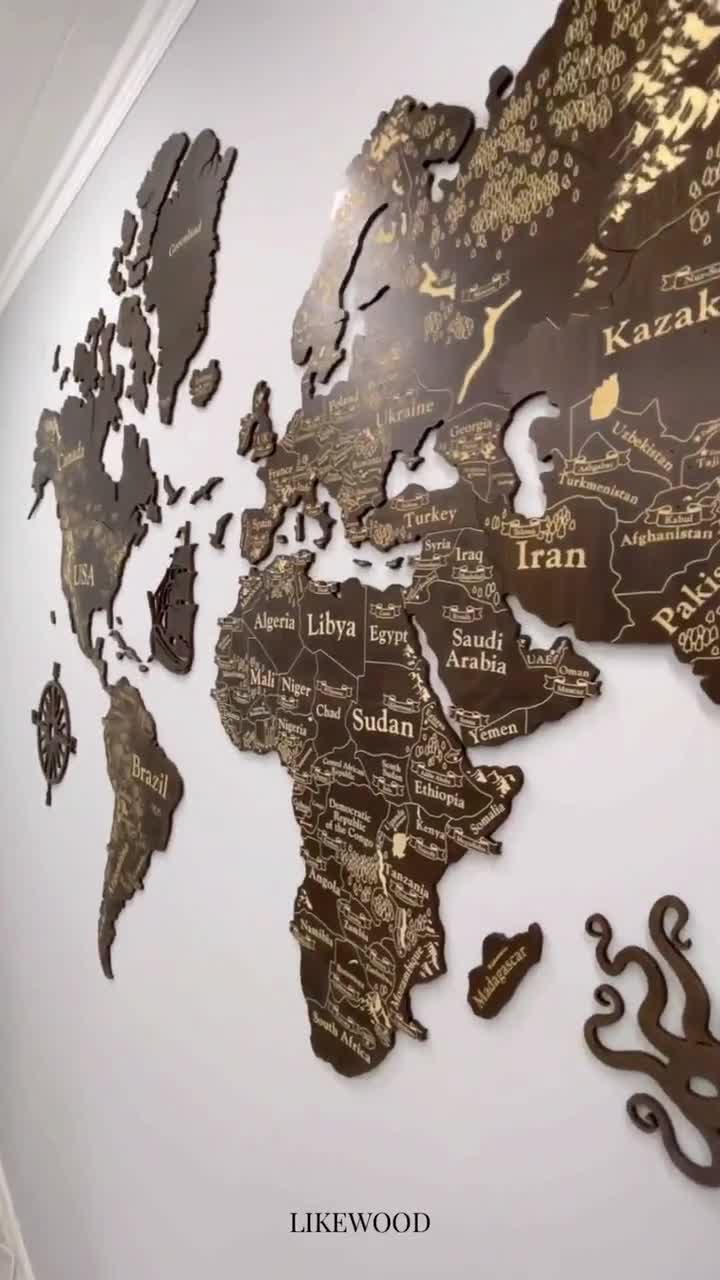 木製押しピン世界地図、黒木製世界旅行地図、黒世界地図ウォールアート