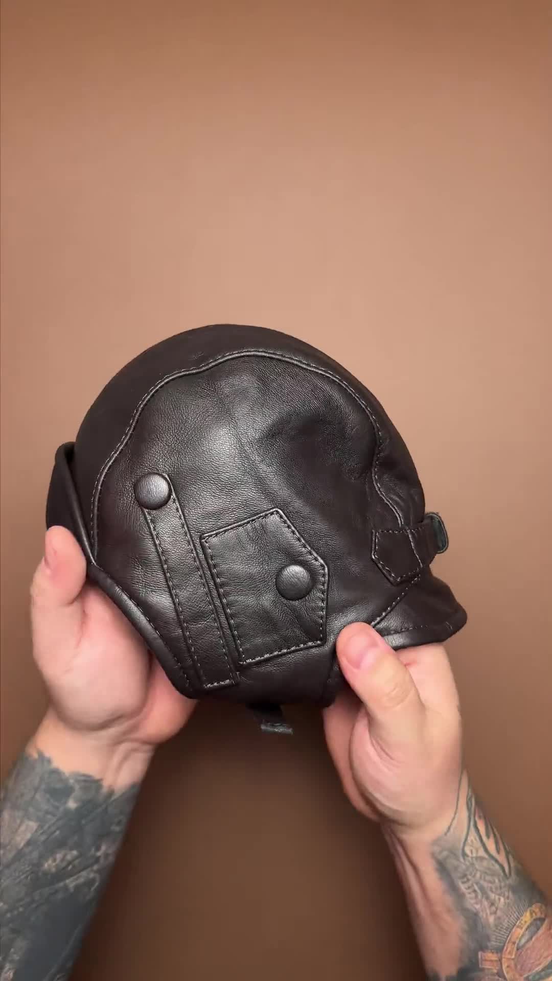 KARELIA Genuine Leather Pilot Aviator Motorcycle Cap Polar Fleece