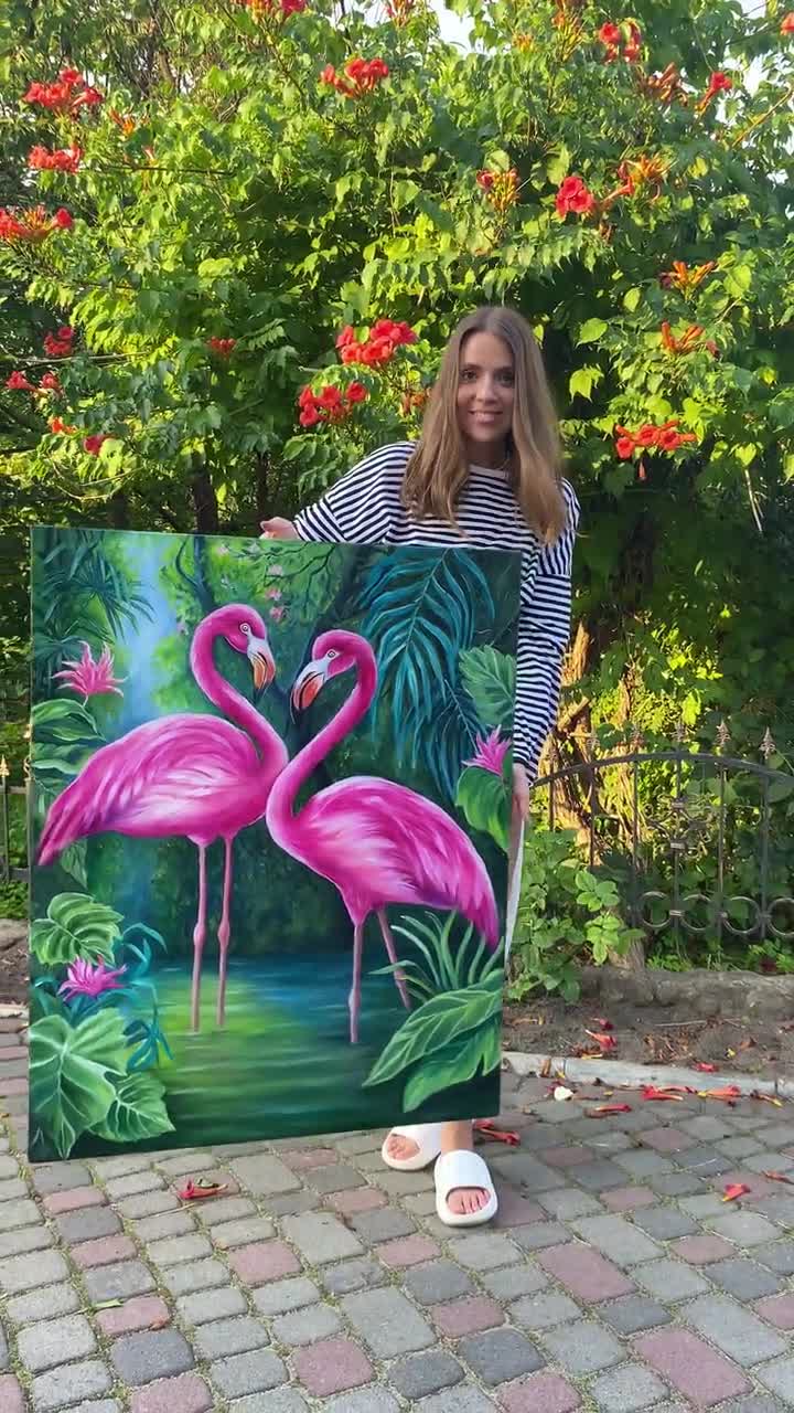 フラミンゴ(油絵) キャンバスに描かれたピンクのフラミンゴの絵画 熱帯雨林の熱帯動物の