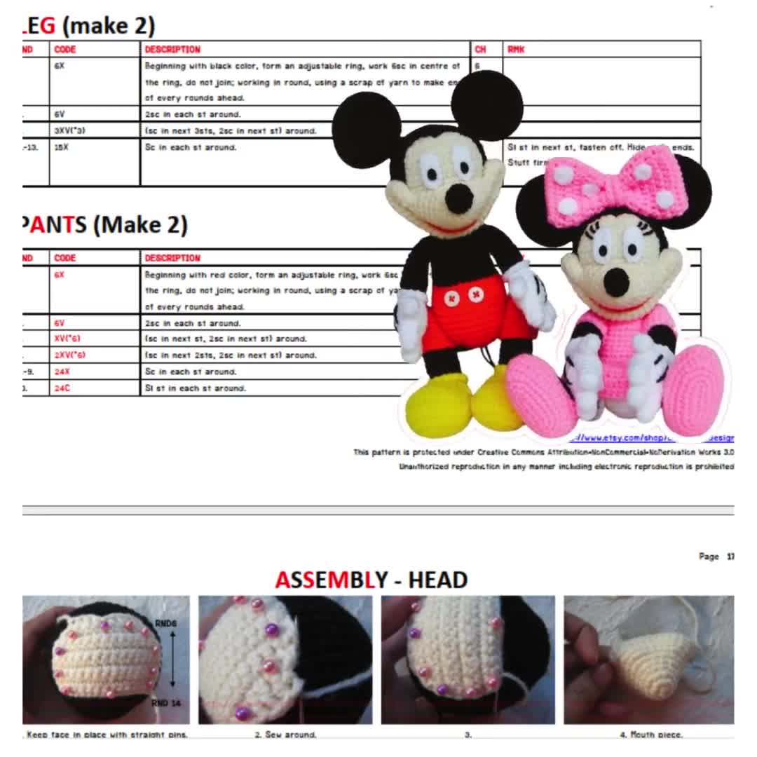 ミッキー＆ミニーマウスの編み図 – 12インチぬいぐるみあみぐるみ（PDF
