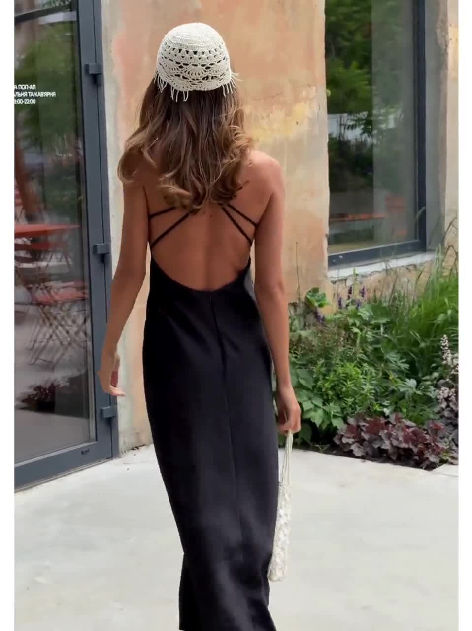 backless black slip dress Satin Dress, Open Back Midi Dress, V-Neck Slip Silk Dress, Elegant Evening Gown, Wedding Guest Dress, Camisole Black Halter neck dress sewing barn wedding dress 28% Cotton Size:36G