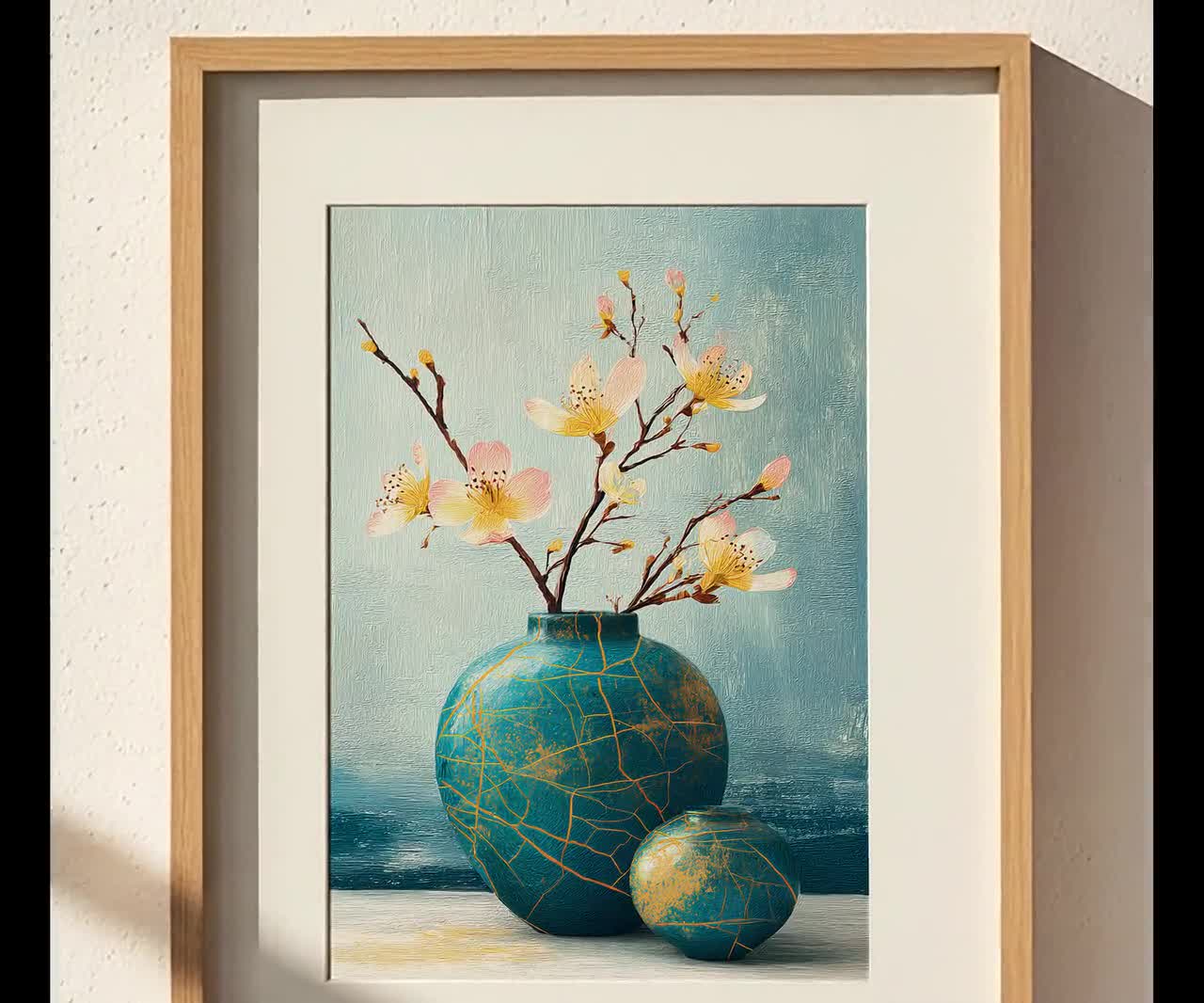 Teal Kintsugi Cherry Blossom Art Print: Wabi Sabi Decor (digital