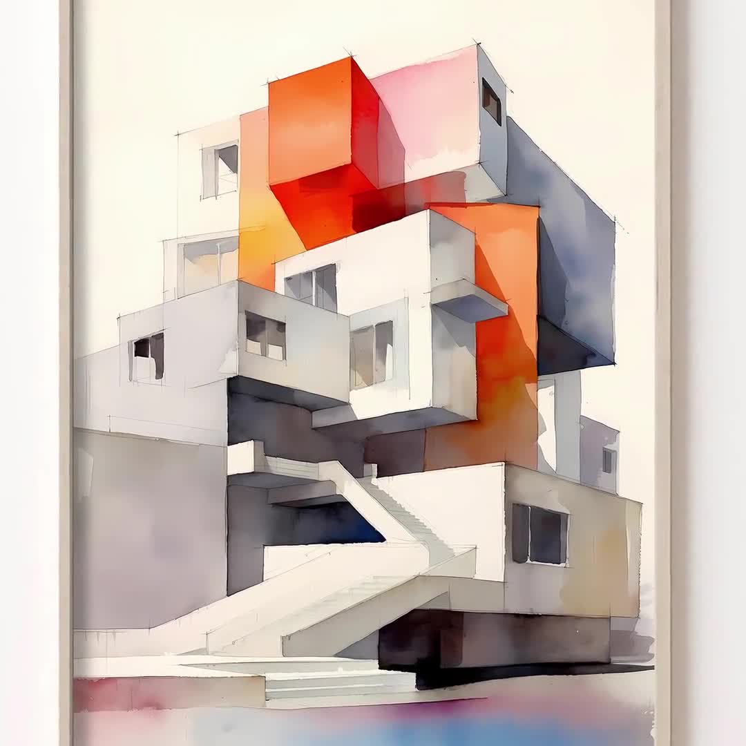 Modern Architecture Print | Watercolor Architectural Drawing