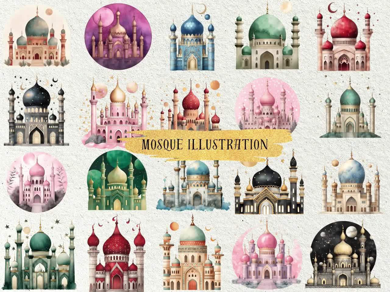イスラム教のモスクのクリップアート – 水彩画風PNGイラスト（商用利用