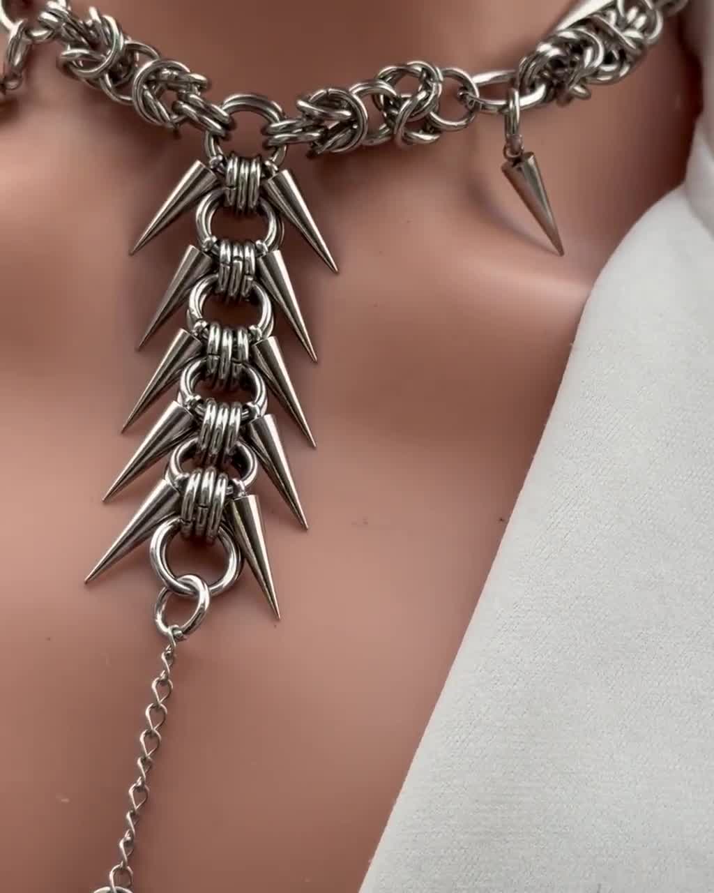 Silver Stainless Steel Chainmaille Spike Cascade Collar Necklace