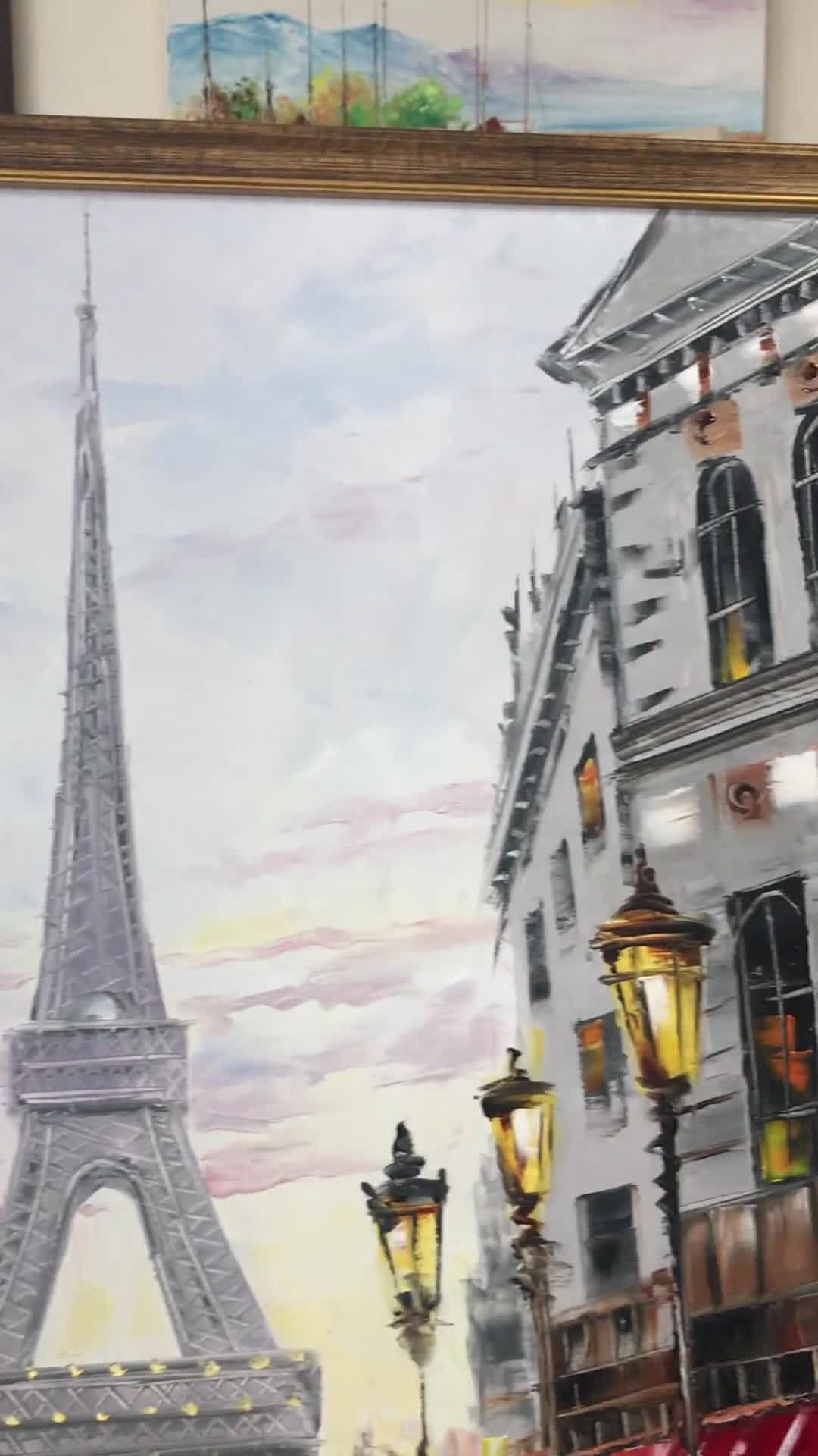 パリの愛の油絵オリジナルのロマンチックな愛の絵画エッフェル塔アート