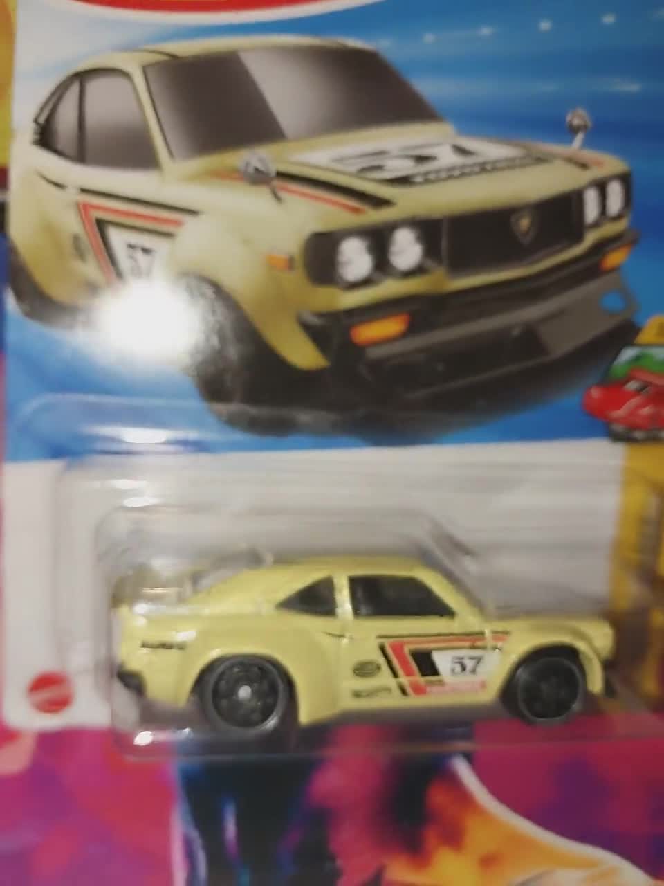 Hotwheels Gold Mazda RX-3 From Peak Pursuit Sub Series Long Card