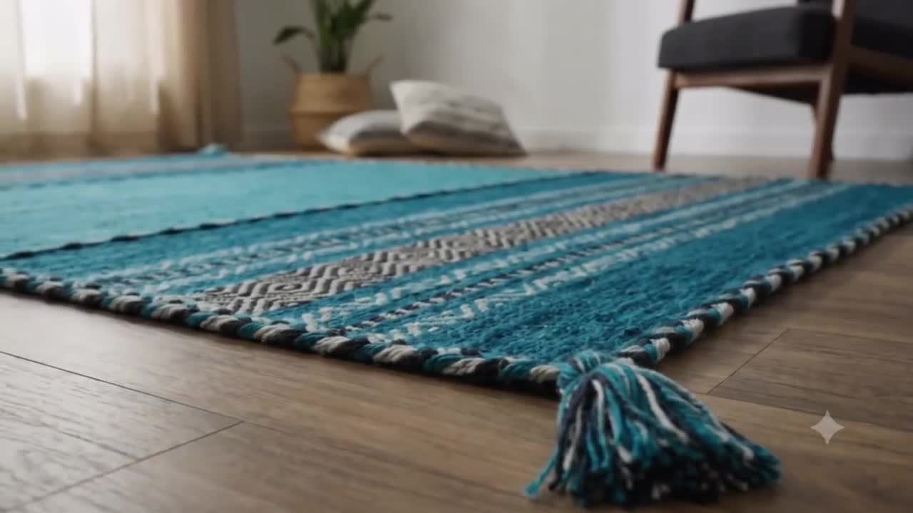Teal Blue Kilim Rug | Indian Handmade Ethnic Flat Weave Bohemian