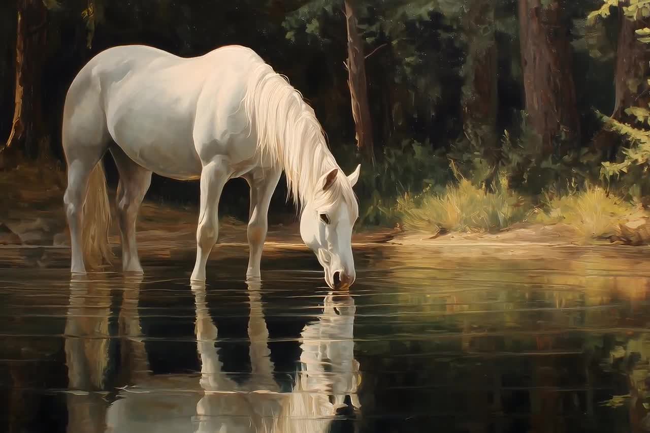 森の湖から水を飲む白い馬：水面反射アート（デジタルダウンロード