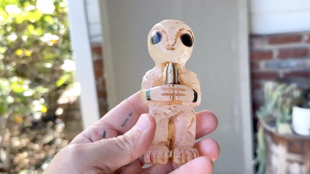 Extraterrestrial Alien Statue With Cactus, Hand Carved From Native