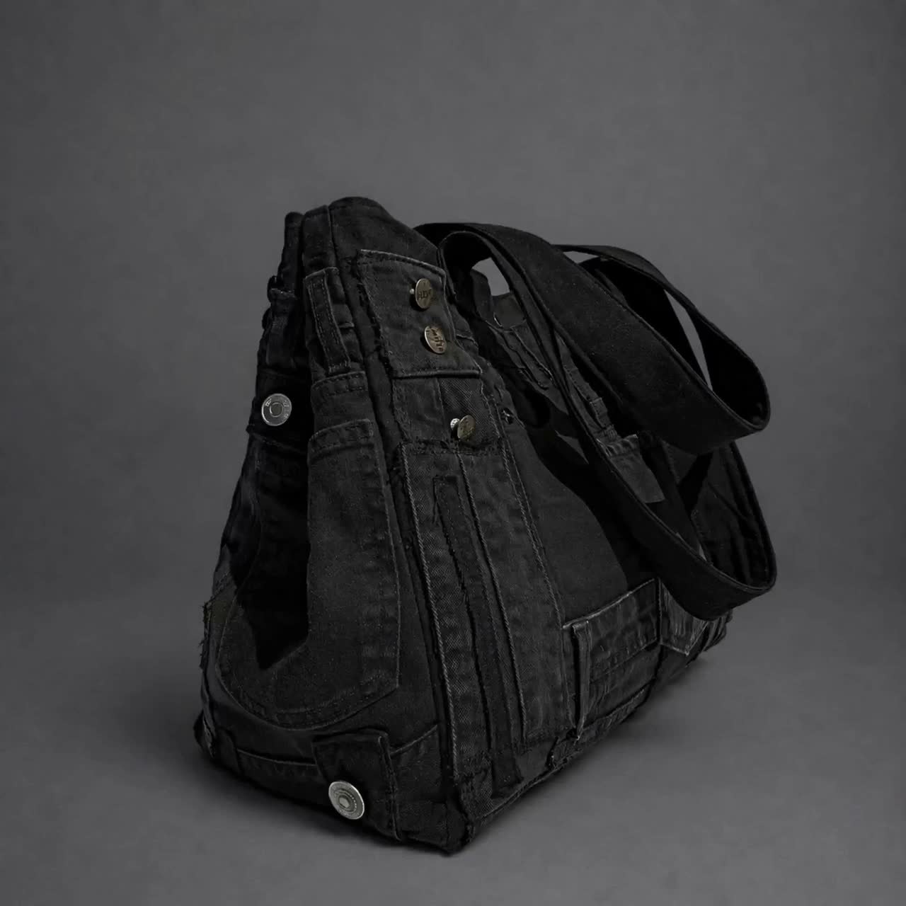 Black Denim Tote, Upcycled Jeans Shoulder Bag. Large Everyday