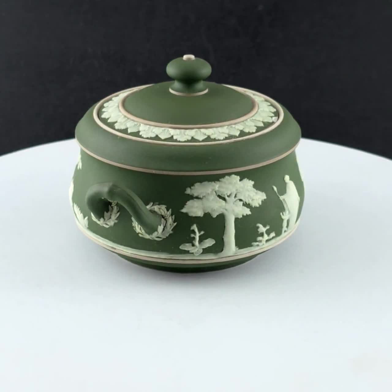 WEDGWOOD Jasperware Handcrafted Sage Green Sugar Pot / Jar