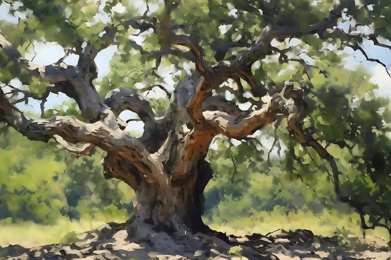 Old Oak Tree Impressionist Painting: Rustic Farmhouse Wall Art