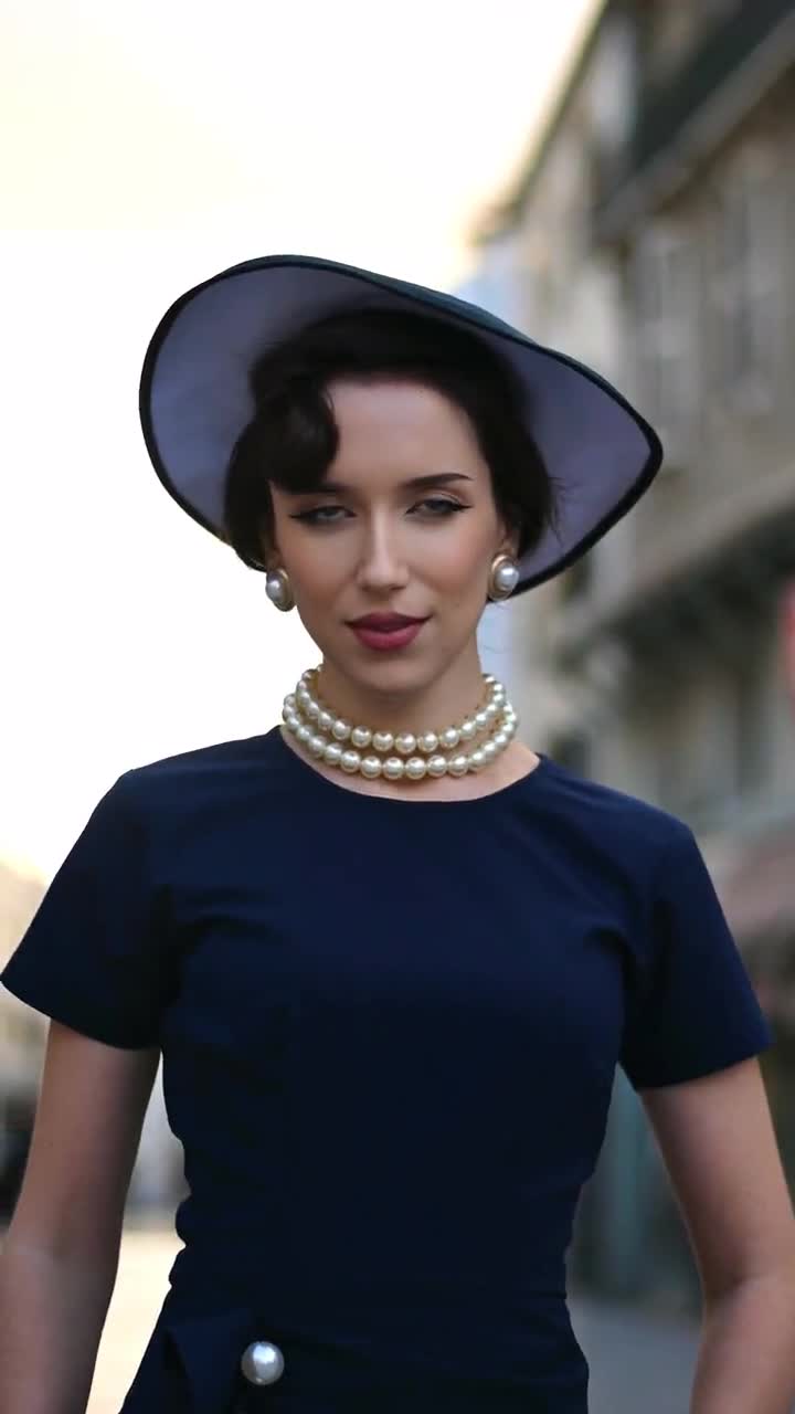 navy pearl dress vintage inspired custom made all sizes