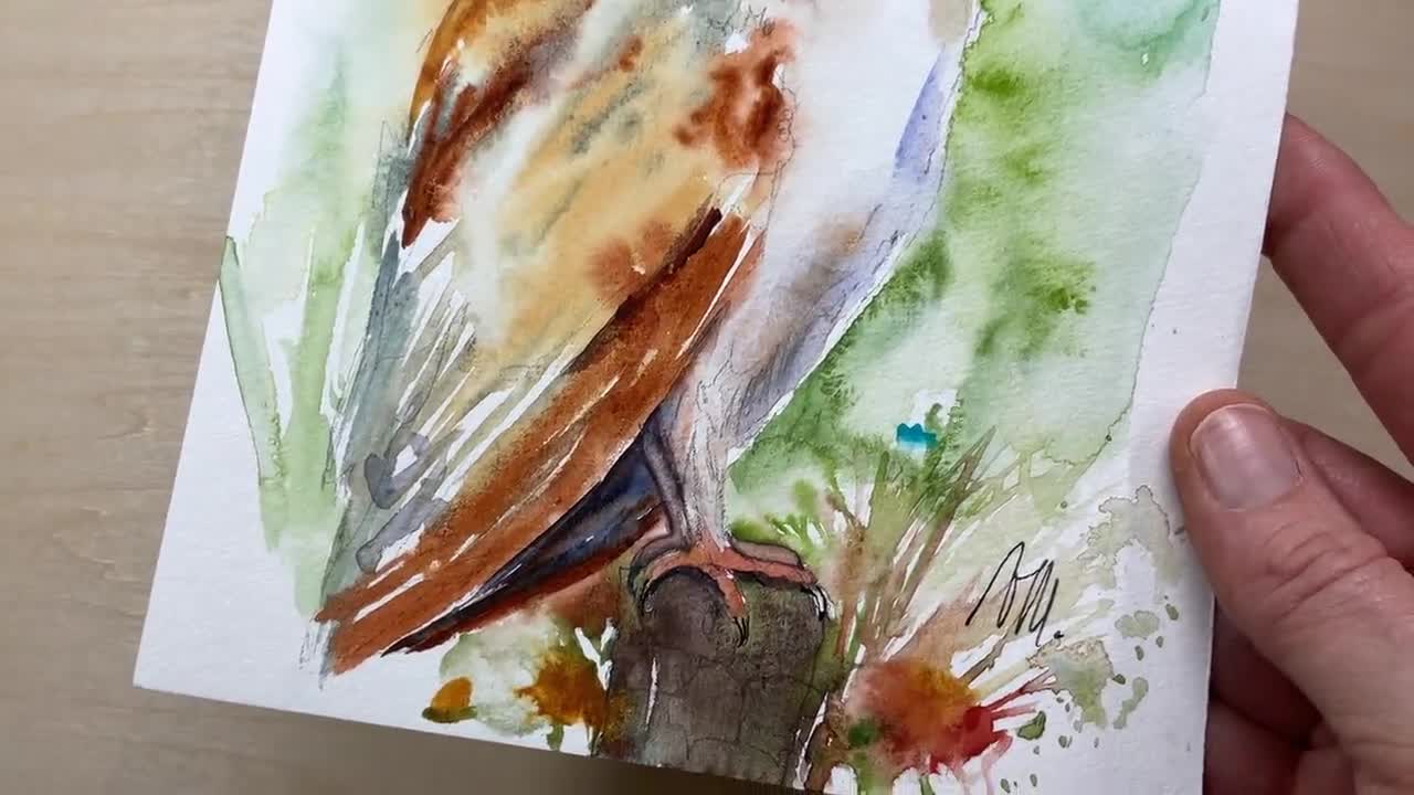 フクロウの水彩画、オリジナルのフクロウの絵画、フクロウの装飾