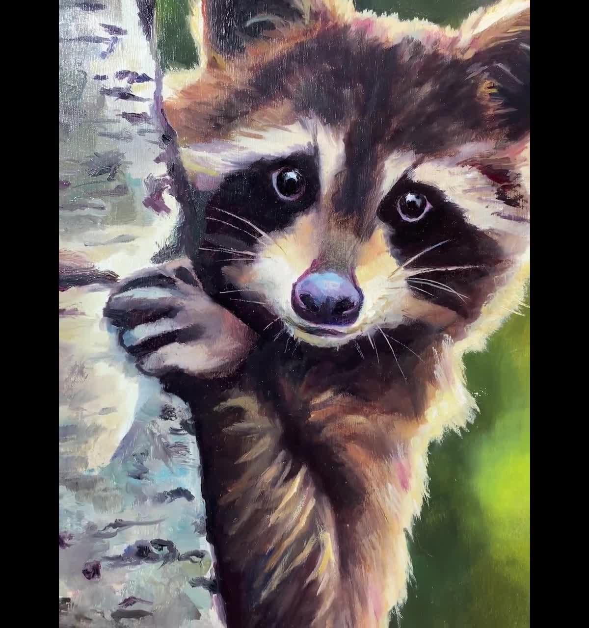 オリジナルのアライグマのアート作品、野生動物の油絵肖像画、森の