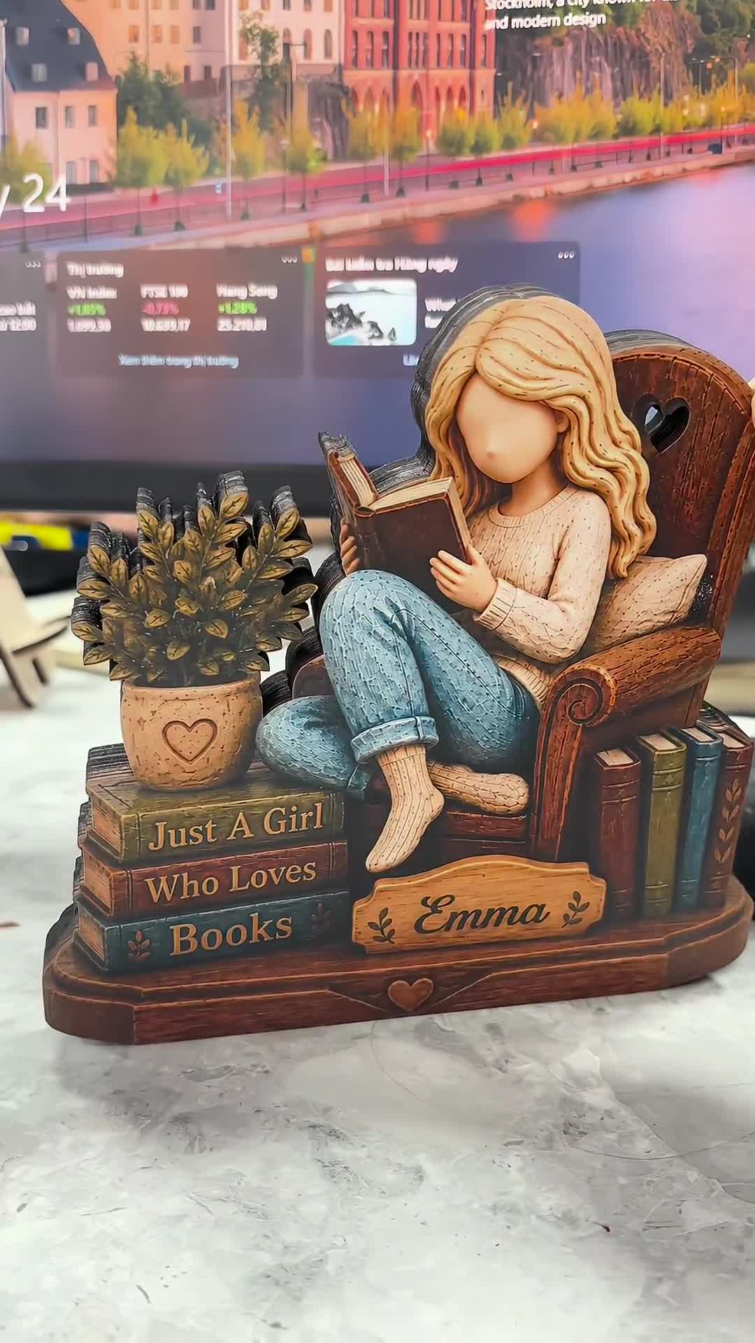 Personalized Book Lover Wooden Figurine, Custom Name Reading Girl