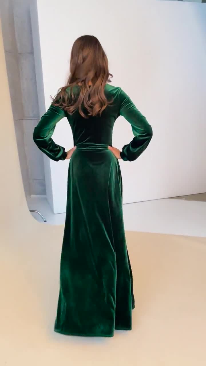Bridesmaid Velvet Dress, Long Sleeve Slit Gown, Emerald Green Maxi Dress