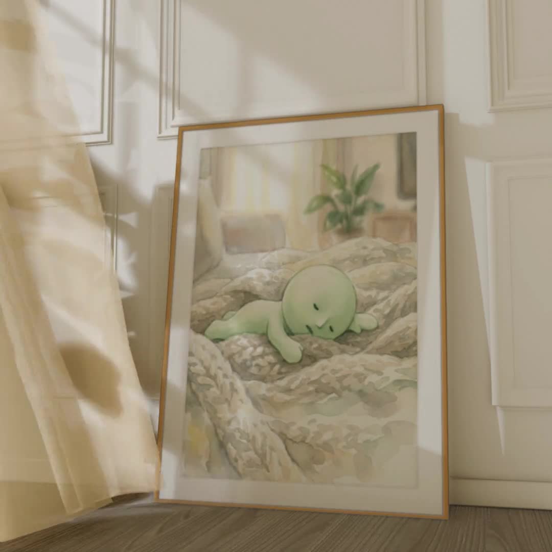 Smiski Art Print Sleeping, Hygge Decor, Cozy Watercolor Wall Decor