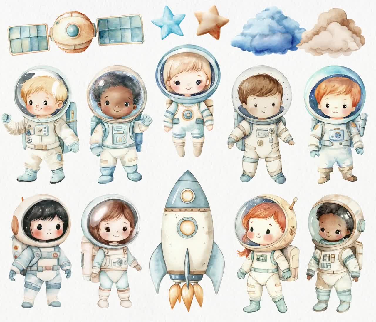 水彩画の宇宙クリップアート集：宇宙飛行士、惑星、ロケット（PNG
